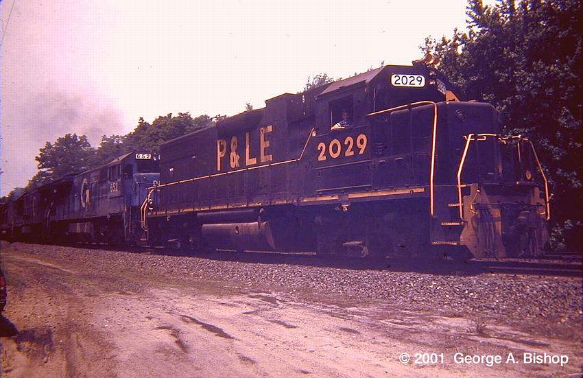 Photo of P&LE GP38 #2029 at Montague on coal train in May 1987 by George A. Bishop