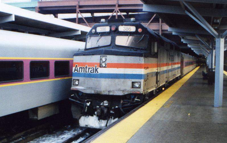 Photo of Amtrak 386 on loan to the MBTA.