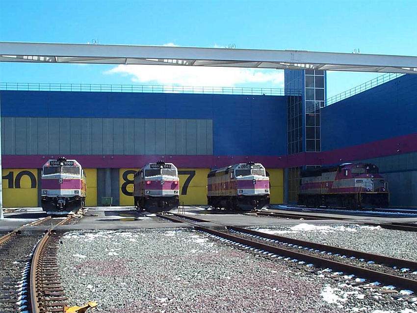 Photo of MBTA Locomotives sit outside Boston Engine Terminal