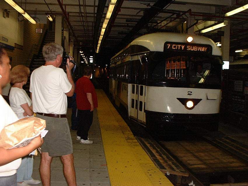 Photo of PCC car 2 arrives at Newark Penn Station to start a run.