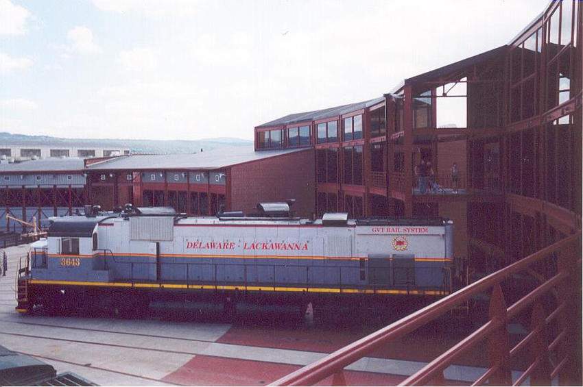 Photo of Delaware Lackawana engine sits in the roundhouse.