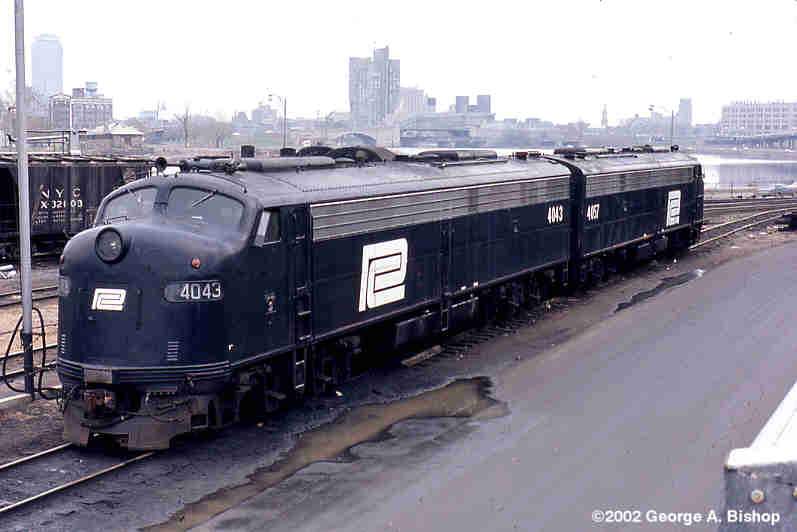 Photo of PC E8's #4043 & 4057 at Beacon Park (Boston)MA in 5/71by George A. Bishop (WFPT)