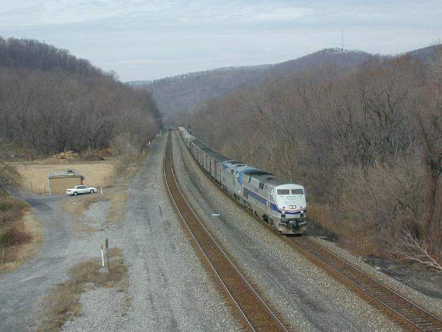 Photo of Amtrak # 40 at Millerstown, Pa. on the exPRR Middle Division on March 2, 2002