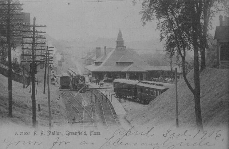 Photo of 1906 postcard Greenfield MA RR Station