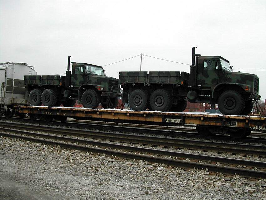 Photo of Military trucks on flat car