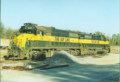 Photo of Bay Line GP38's #501 & 500 rest at the Dothan, AL yard.