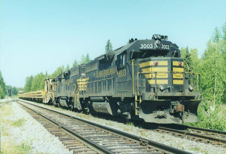 Photo of Alaska GP40-2's #3003 & 3005; worktrain at Talkeetna, AK.