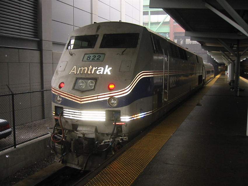 Photo of Amtrak 822 sits on track one in North Station with the 9800