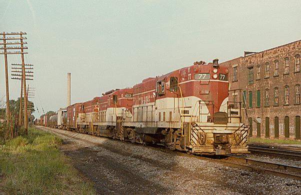 Photo of TH&B GP7's #77,75 & GP9 #403; on the CR Belt Line, Buffalo, NY.