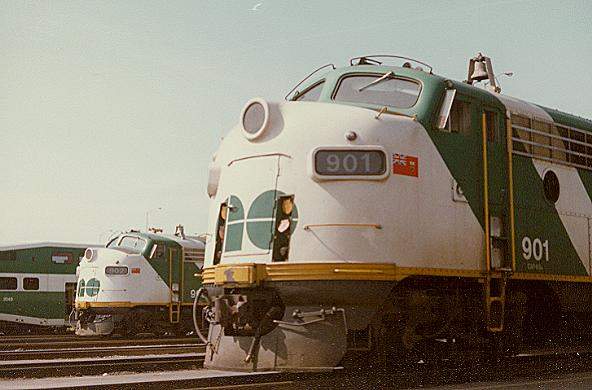 Photo of F-7 control cabs #901 & 902 rest at the GO Transit shops, Mississauga, ON.