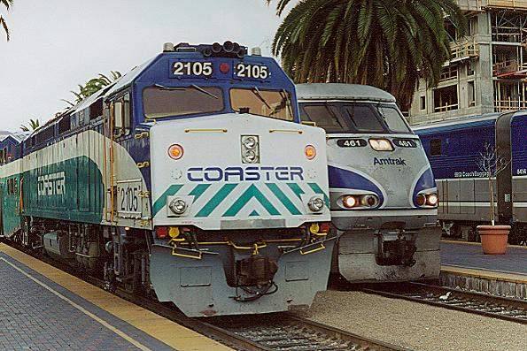 Photo of Coaster F40PHM-2 #2105 arrives at the San Diego, CA station.