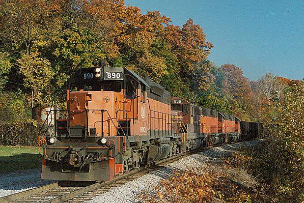 Photo of B&LE southbound leaving Conneaut, OH with 3 SD38-2's & an ex DM&IR SD9u.