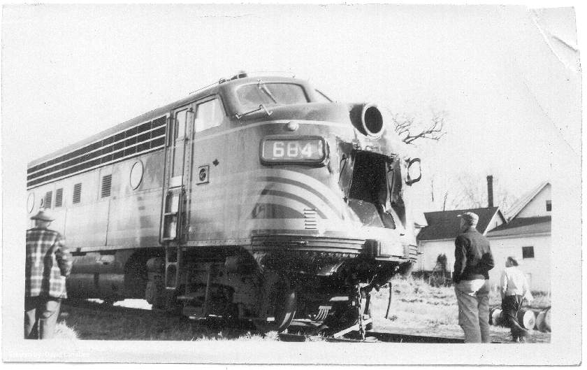 Photo of Maine Central F3 #684 and 2-8-0 # 518 collision, October 1949