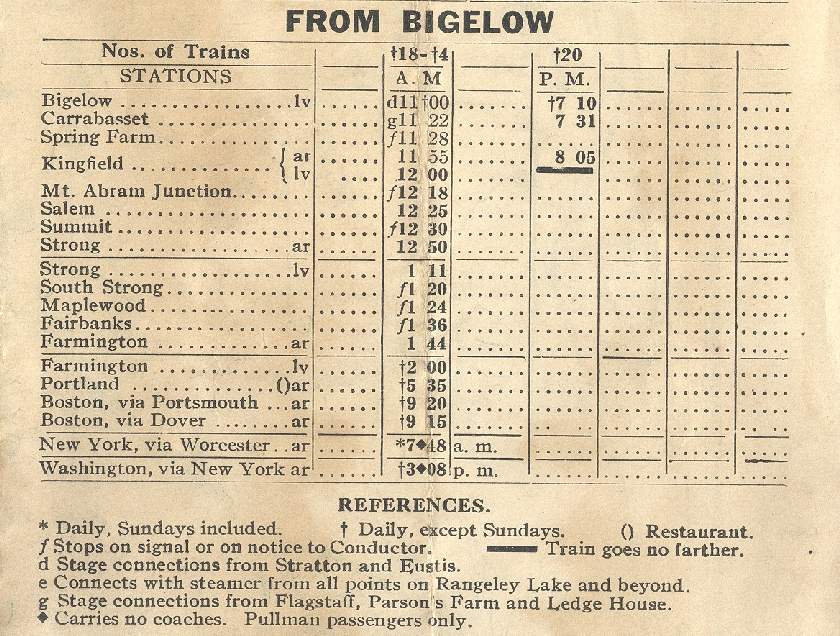 Photo of SR&RL 1918 Time Table - Bigelow to Farmington