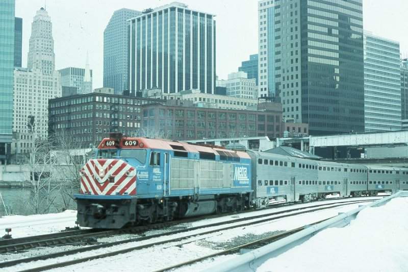 Photo of Metra Commuter train backing into downtown station.