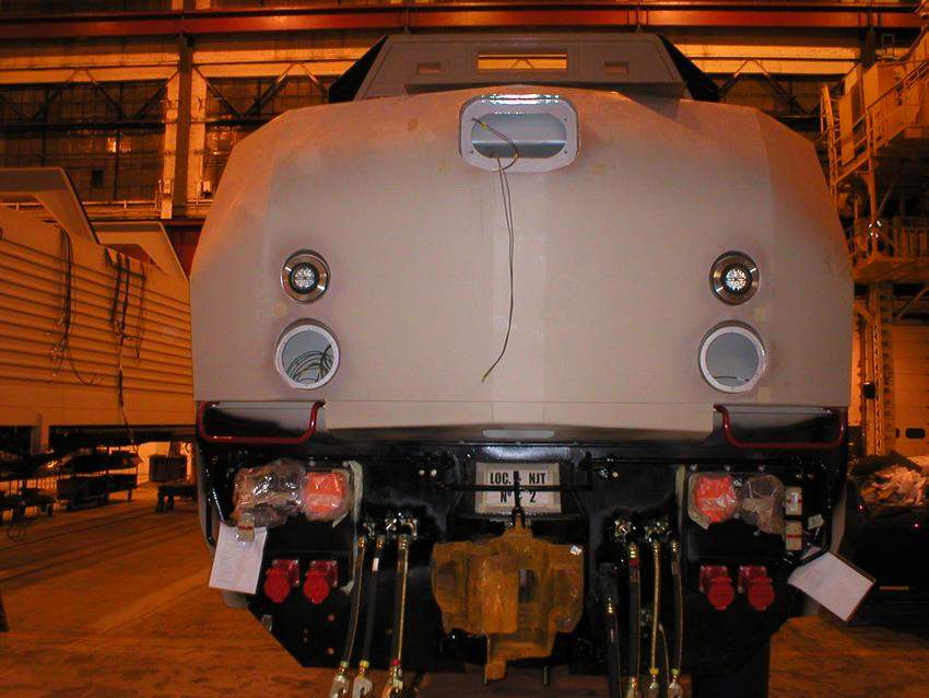 Photo of nose of the new PL42AC's being built for New Jersey Transit.  Hornell, N.Y