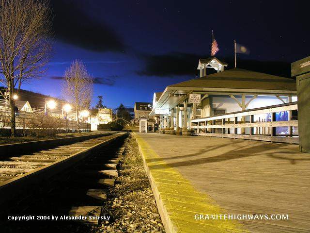 Photo of Weirs Beach Station on the Winnipesaukee Scenic Railroad at dusk in April.