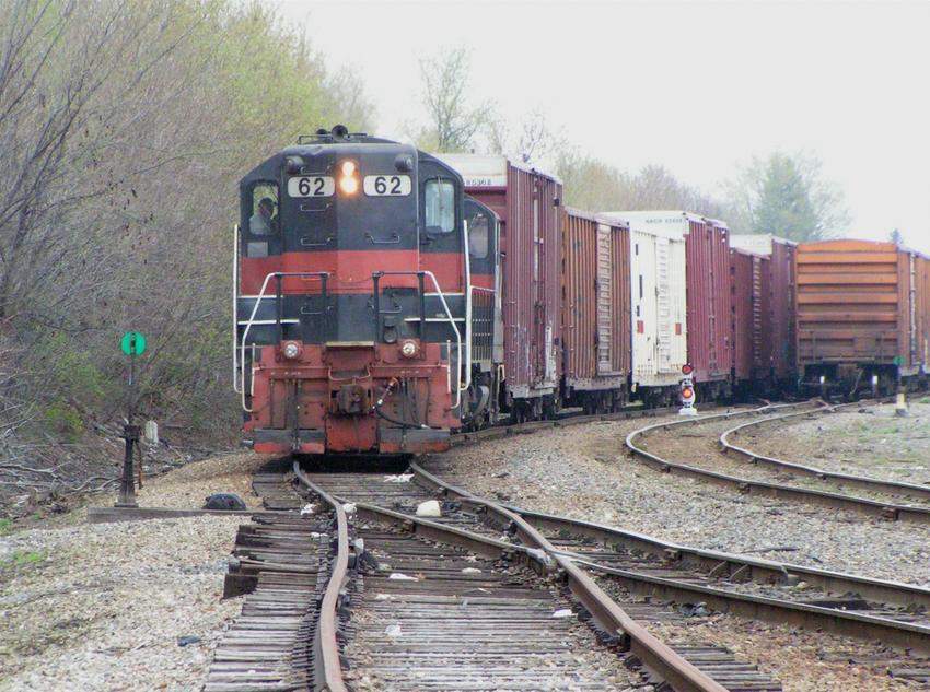 Photo of 2 Guilford  GP9'S switching cars in the Waterville Train Yard.