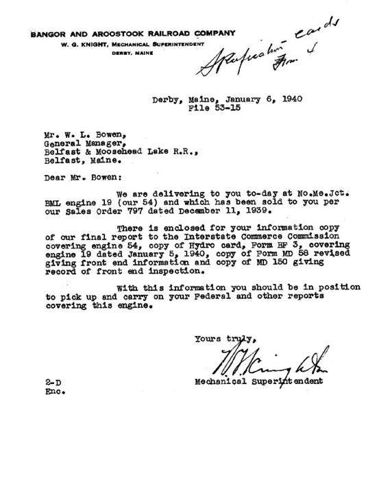 Photo of BAR Delivery letter to B&MLRR for BML #19, January 6, 1940