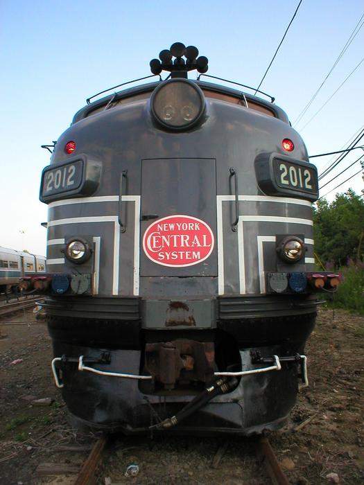 Photo of nose shot of NYC painted Metro-North FL-9 2012 in Brewster.