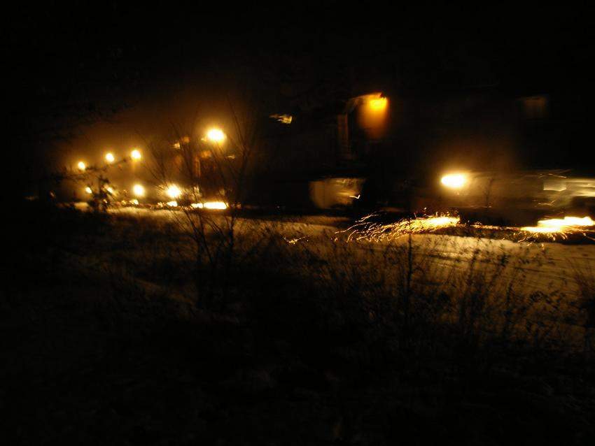 Photo of Loram railgrinder at South Berwick 2/18/05 10:00p.m.