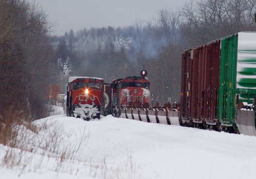 Photo of CN 150 coming out of the siding at St. Leonard NB