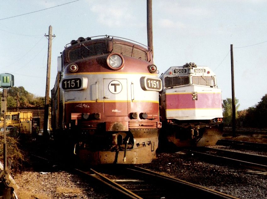 Photo of An MBTA FP10 and F40PH-2C parked at Fitchburg in 1990