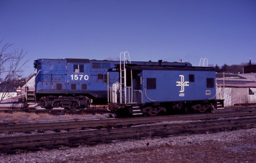 Photo of B&M GP7 1570  and caboose at Ayer, 1984