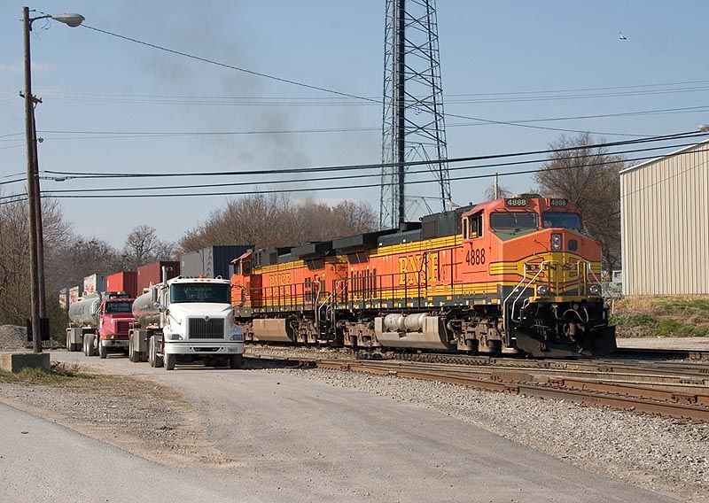 Photo of BNSF 4888 departs Danville Yard with NS train I23. Danville, KY.