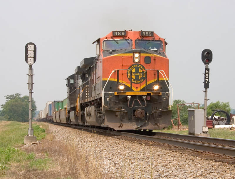 Photo of NS 223 passes through Walnut Hill, IL with BNSF 989 in the lead.