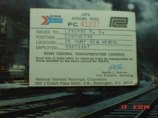 Photo of PC & Amtrak Railroad transportation pass 1972