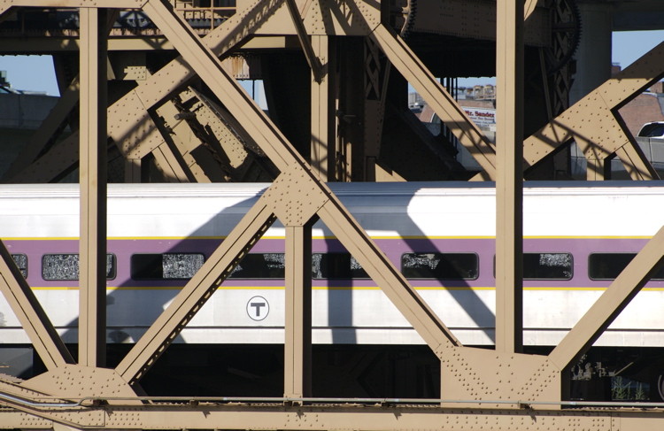Photo of MBTA commuter trains crossing the lift span by North Station