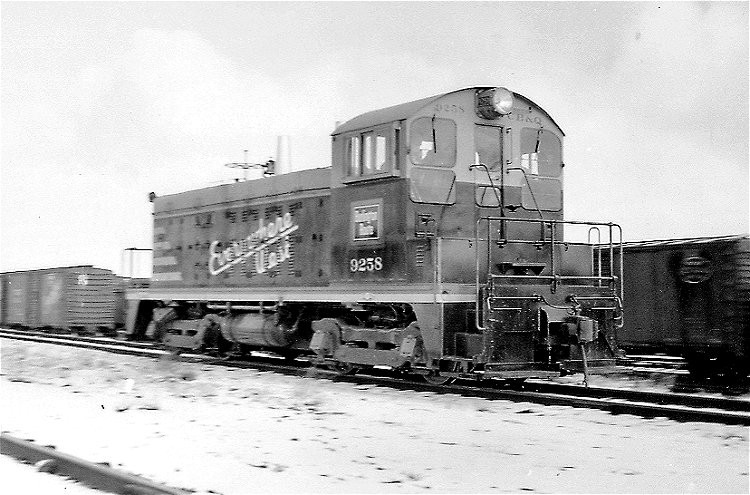 Photo of Burlington Route EMD SW7 9258, Galesburg, IL, December 1956
