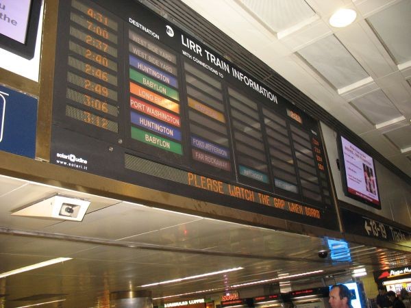 Photo of LIRR Departure board inside Penn Station