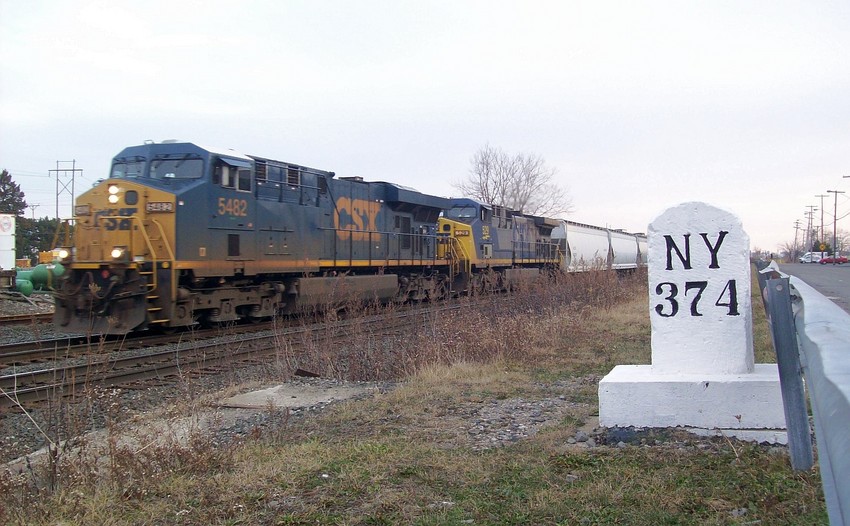 Photo of CSX Q627 with two GEs pulls out of Rochester as it passes by NY 374.