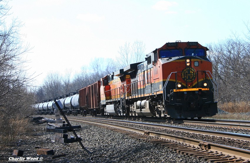 Photo of CSX ethanol train K654 rolls into Churchville ny at 47 mph with a pure BNSF set!