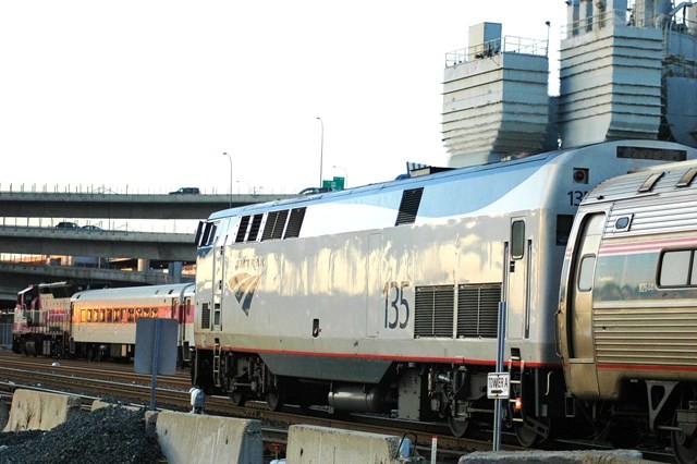 Photo of Downeaster passing MBTA commuter