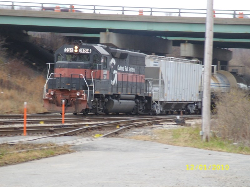 Photo of B&M#334 PO1 is passing Portland Amtrak station towards Cumberland mills.