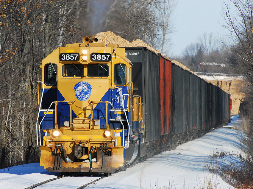 Photo of NECR 500 Chip Train Departing S.T. Griswold Chip Facility