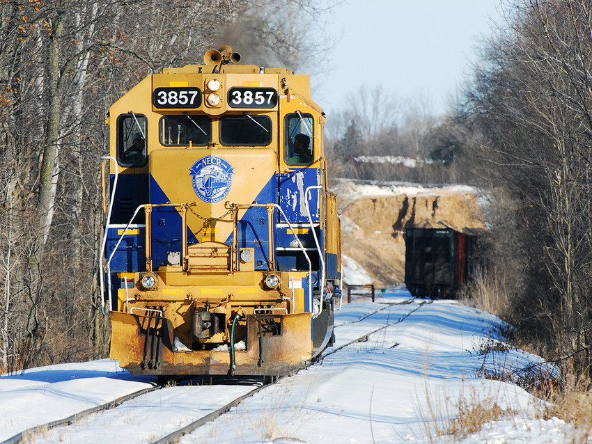 Photo of NECR 500 Chip Train Power Backing Up E. Swanton Spur