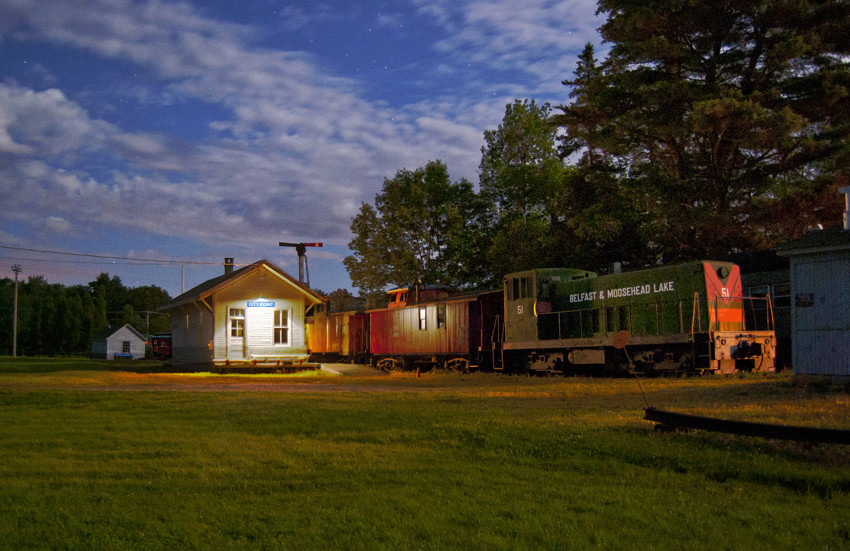 Photo of BML#51 at the CPC Railroad Museum by moonlight