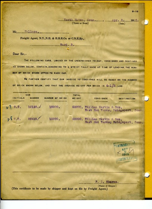 Photo of NYNHHRR 1918 Certificate of shipment bricks
