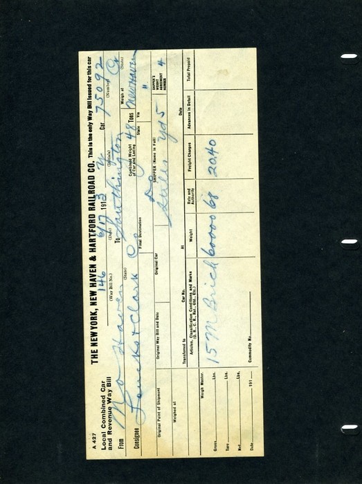 Photo of NYNHHRR Co. Waybill dated 6/17/1913 for shipment of bricks