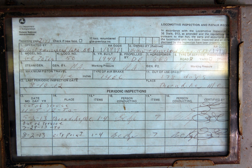 Photo of BML#50 Locomotive Inspection Record posted in cab