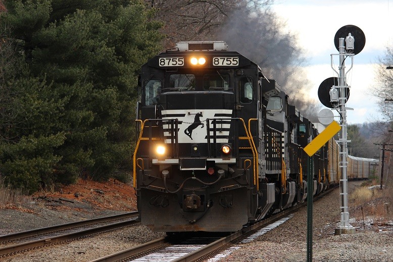 Photo of Norfolk Southern 8755 Leaving Ayer MA with a train of autoracks.