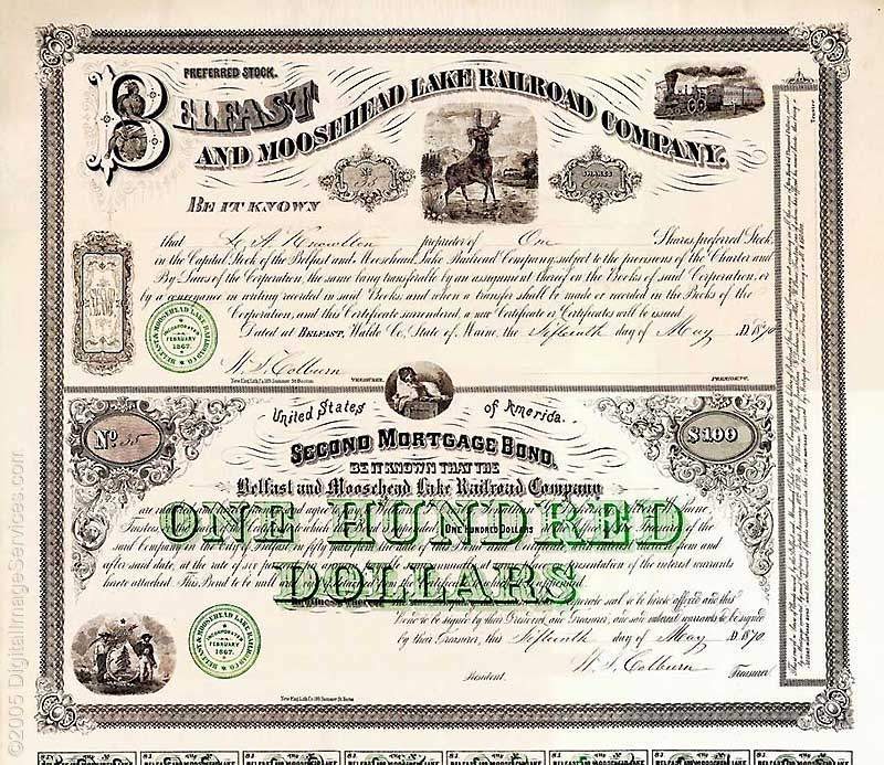 Photo of 1870 B&ML Dual Stock Certificate & $100 Second Mortgage Bond