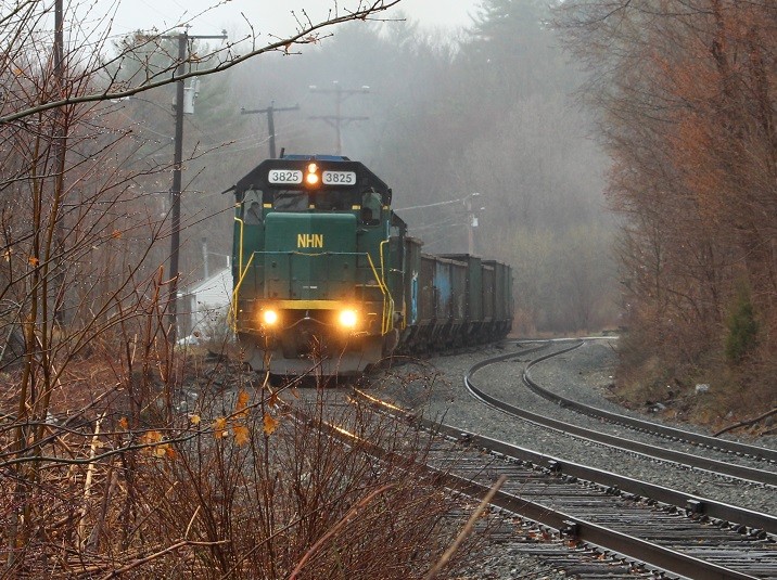 Photo of BODO NHNC 3825, 503 & 3823 in Newfields NH on a Foggy April Morning.