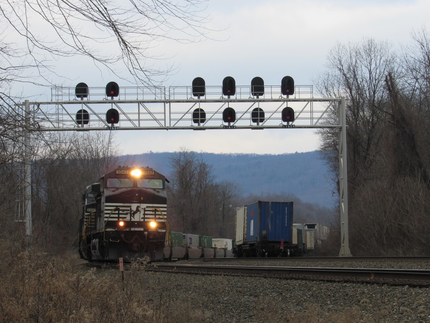 Photo of NS intermodal trains pass eachother.
