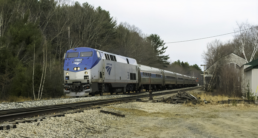 Photo of Downeaster Train 696 Passing Old B&M Station in Wells, ME