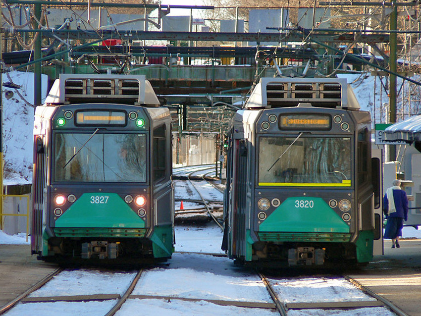 Photo of MBTA Green Line Type 8 cars meet at Newton Highlands
